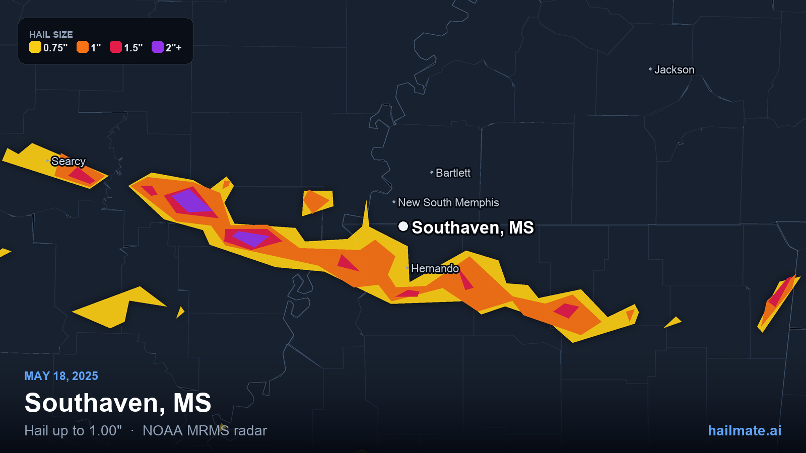 Hail swath map for Southaven, MS on May 18, 2025 showing 1.00 inch hail.