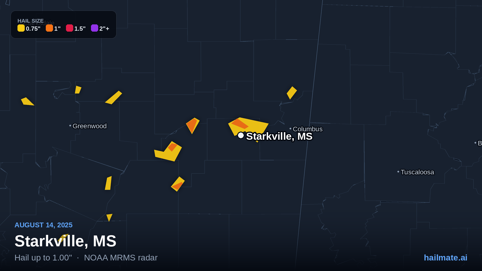 Hail swath map for Starkville, MS on August 14, 2025 showing 1.00 inch hail.