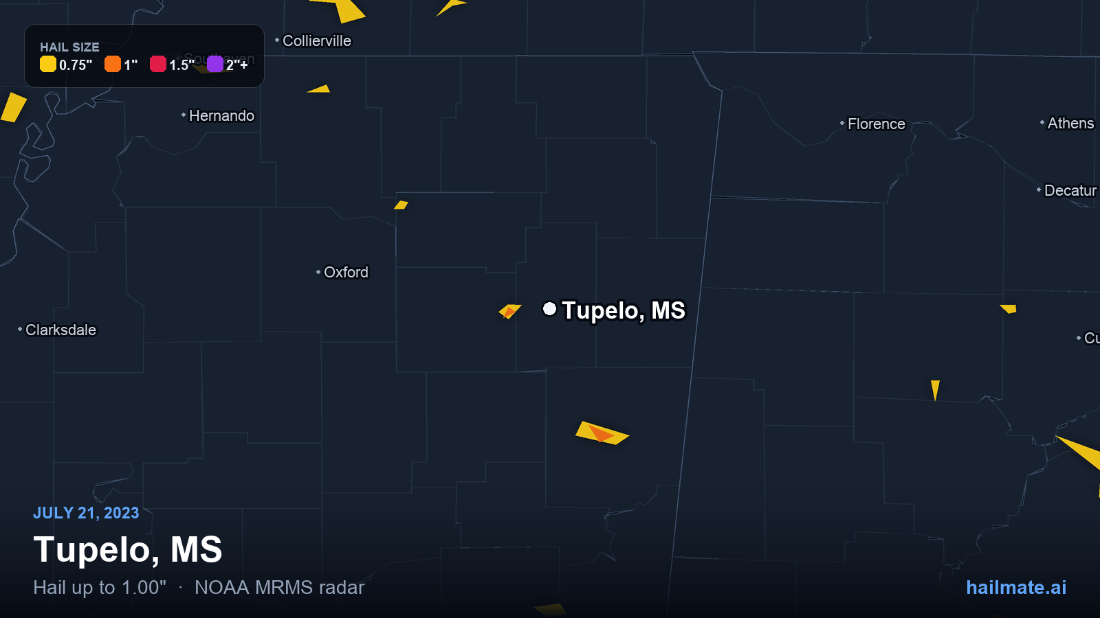 Hail swath map for Tupelo, MS on July 21, 2023 showing 1.00 inch hail.