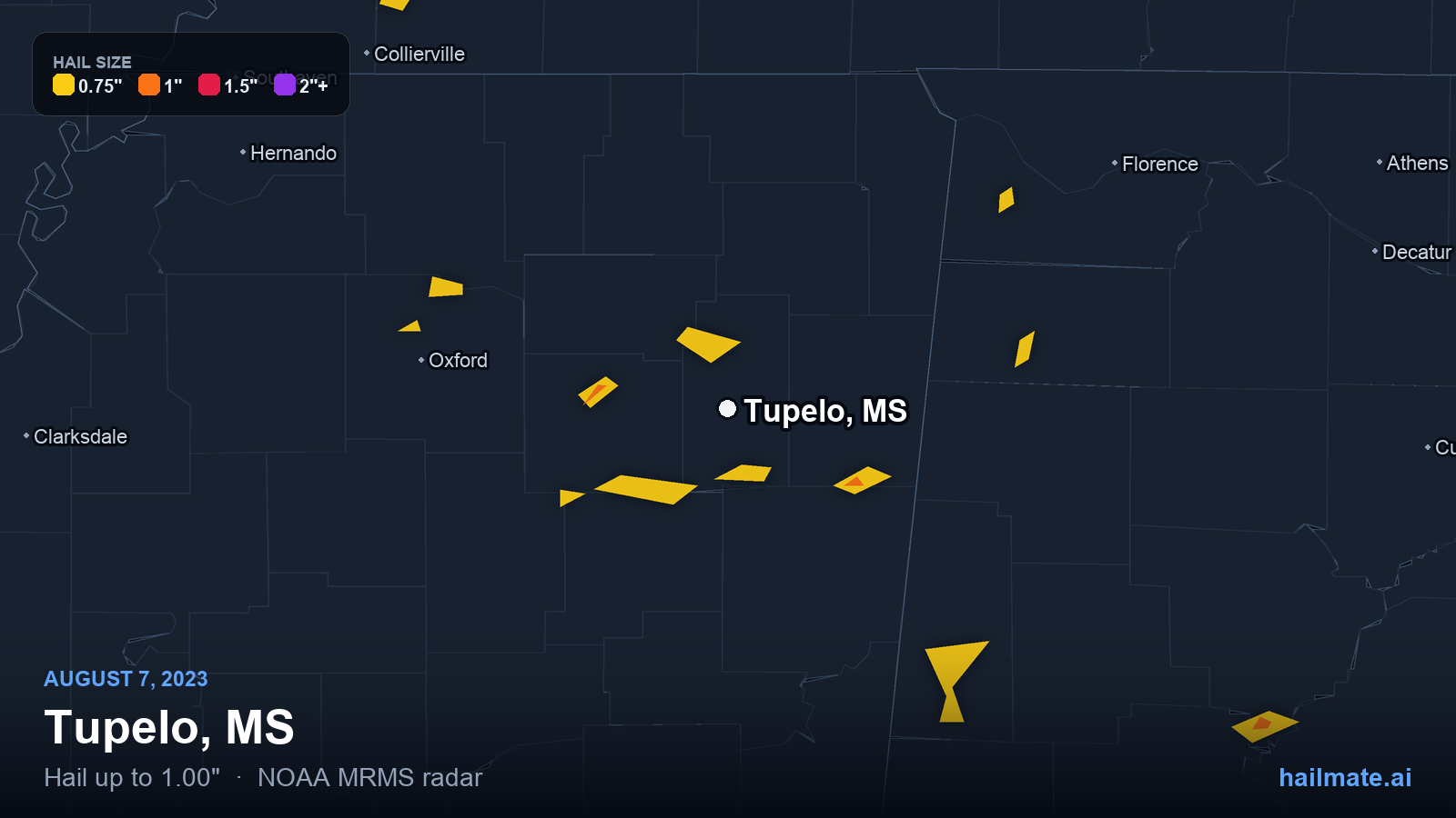 Hail swath map for Tupelo, MS on August 7, 2023 showing 1.00 inch hail.