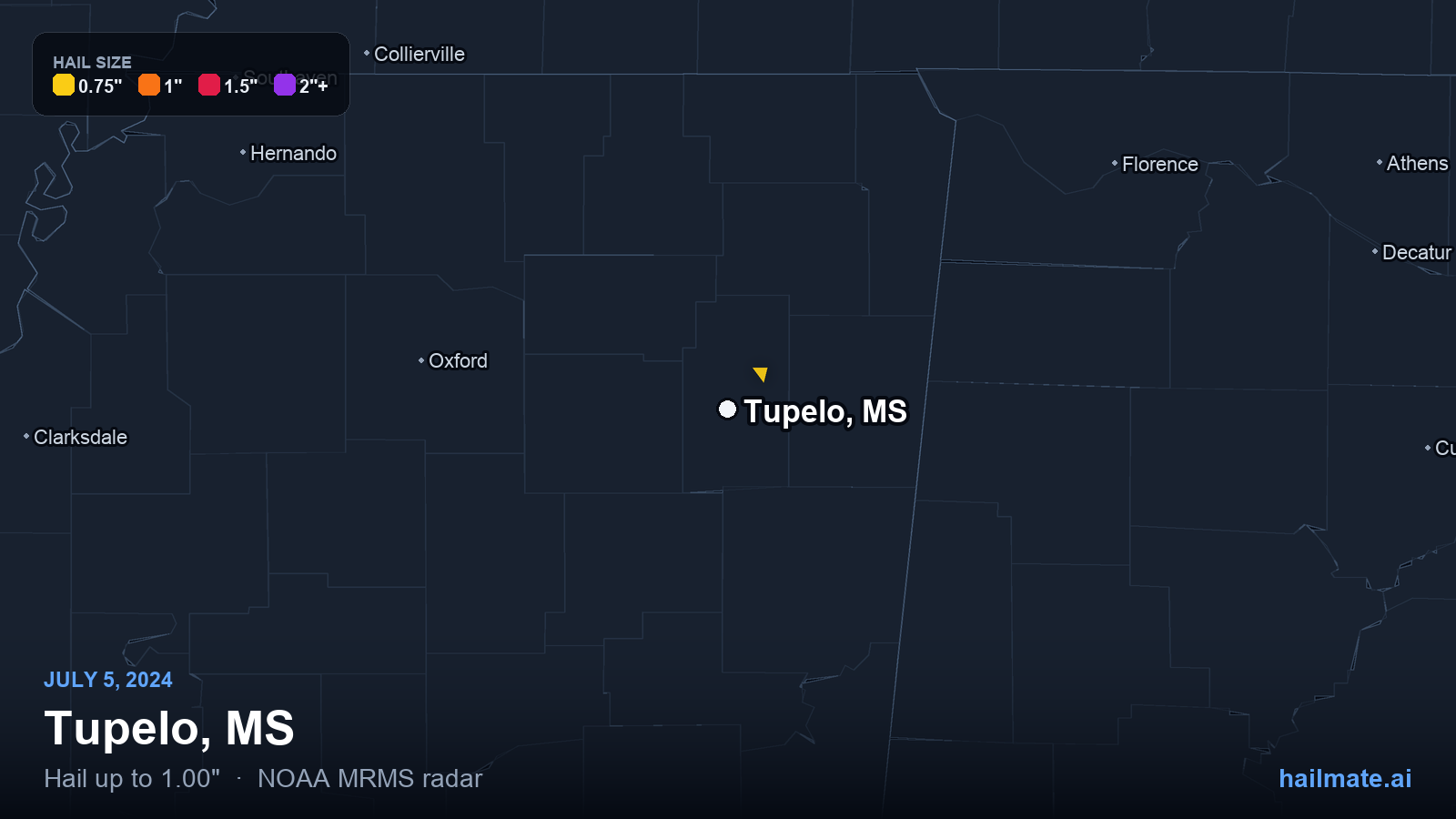 Hail swath map for Tupelo, MS on July 5, 2024 showing 1.00 inch hail.