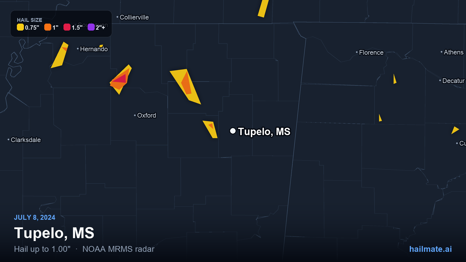 Hail swath map for Tupelo, MS on July 8, 2024 showing 1.00 inch hail.
