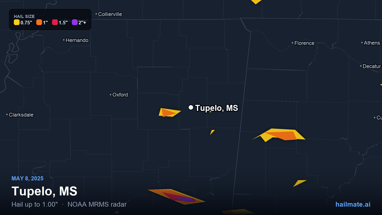 Hail swath map for Tupelo, MS on May 8, 2025 showing 1.00 inch hail.