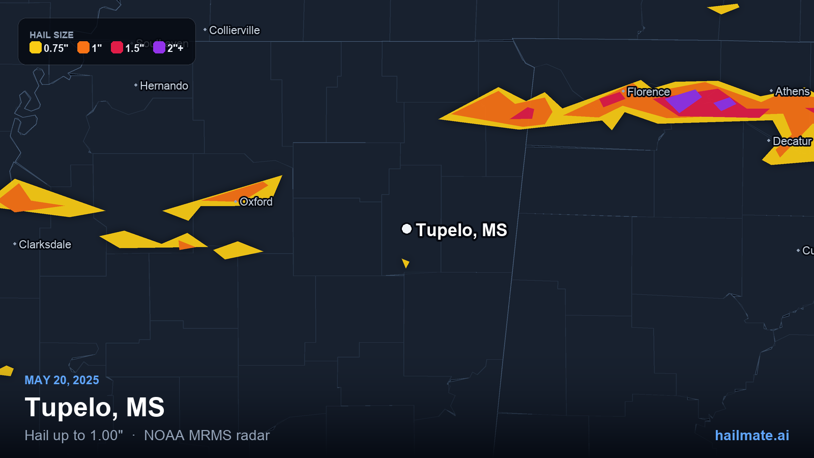 Hail swath map for Tupelo, MS on May 20, 2025 showing 1.00 inch hail.