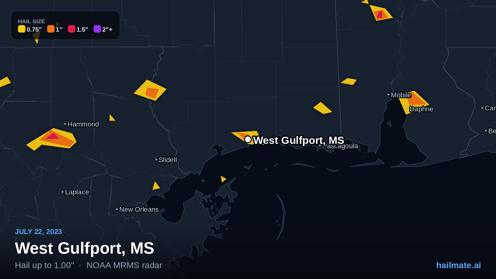Hail swath map for West Gulfport, MS on July 22, 2023 showing 1.00 inch hail.