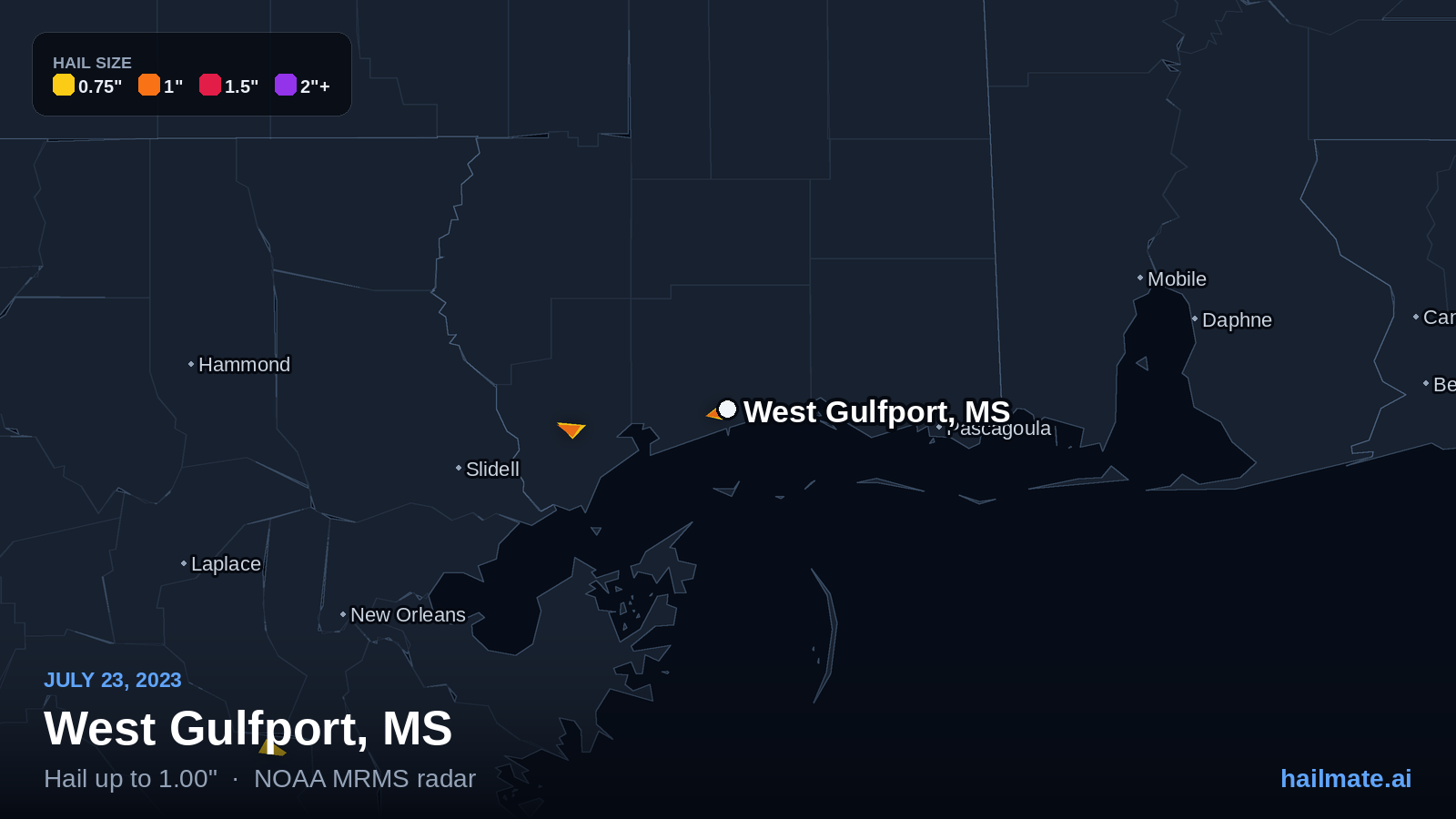 Hail swath map for West Gulfport, MS on July 23, 2023 showing 1.00 inch hail.