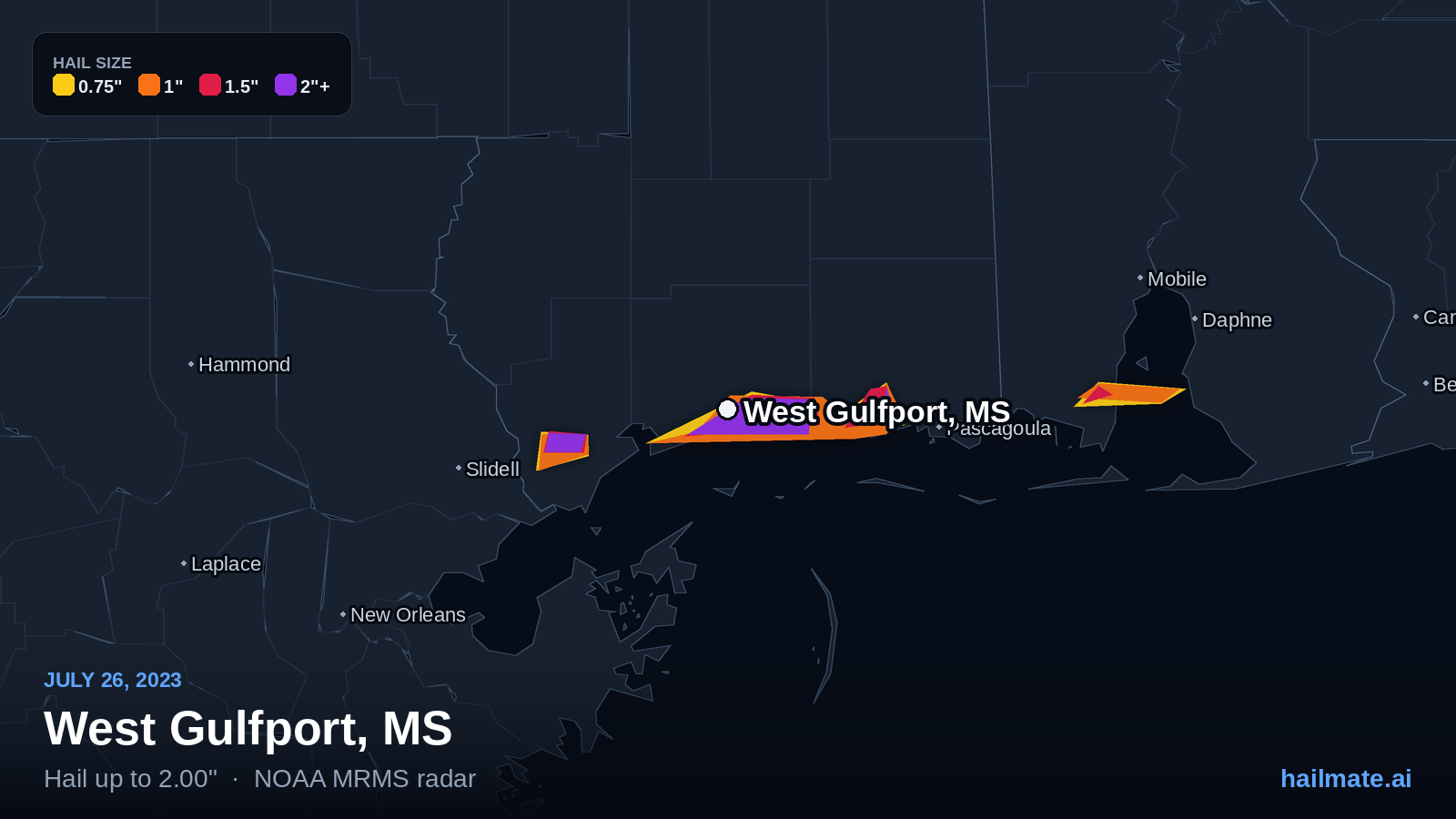 Hail swath map for West Gulfport, MS on July 26, 2023 showing 2.00 inch hail.