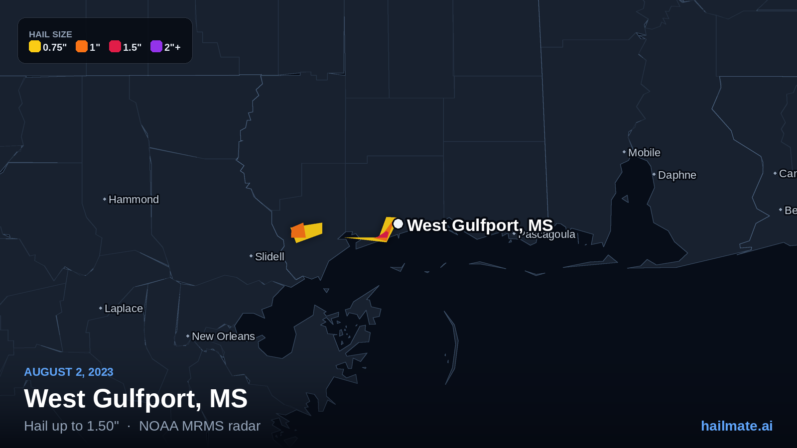 Hail swath map for West Gulfport, MS on August 2, 2023 showing 1.50 inch hail.