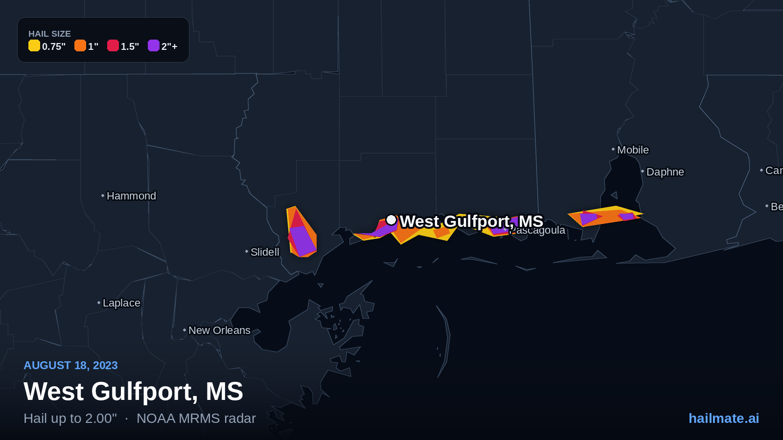 Hail swath map for West Gulfport, MS on August 18, 2023 showing 2.00 inch hail.