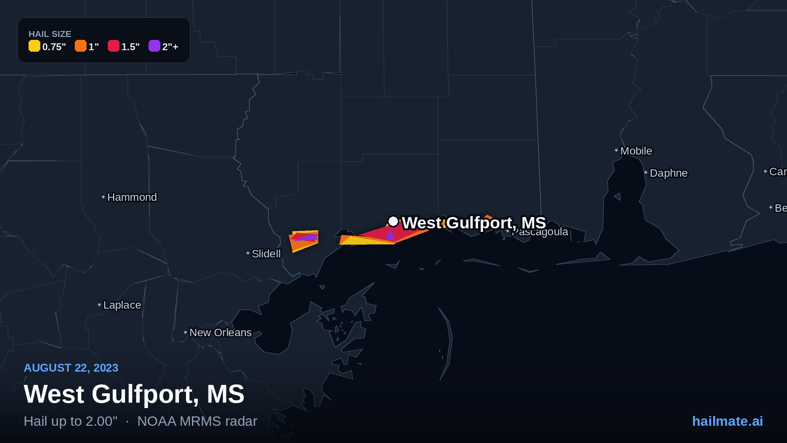 Hail swath map for West Gulfport, MS on August 22, 2023 showing 2.00 inch hail.
