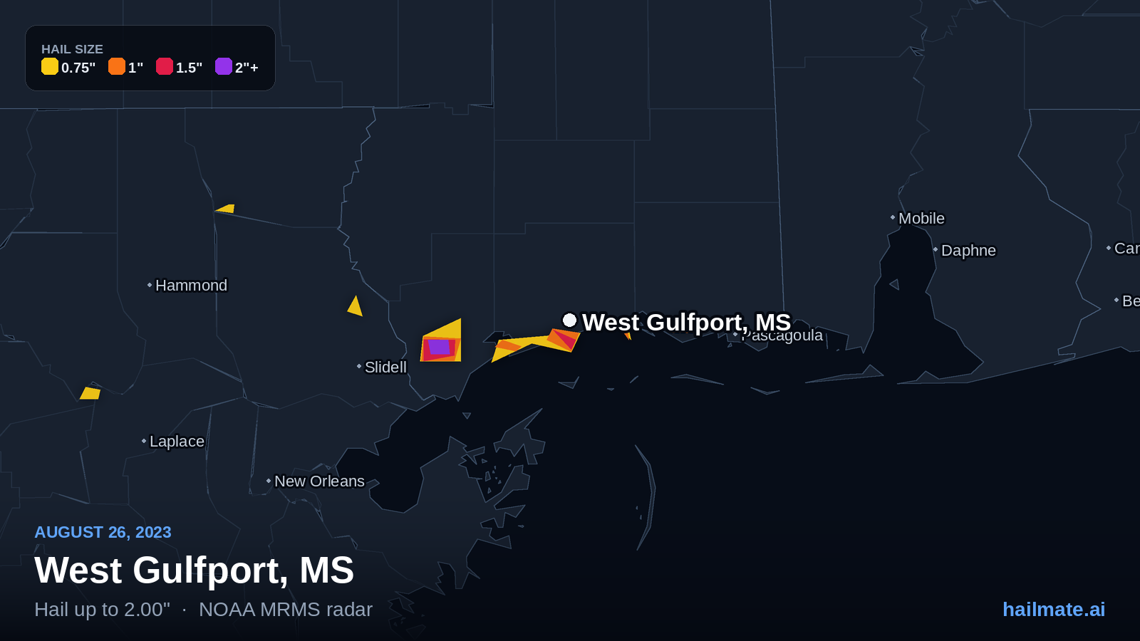 Hail swath map for West Gulfport, MS on August 26, 2023 showing 2.00 inch hail.