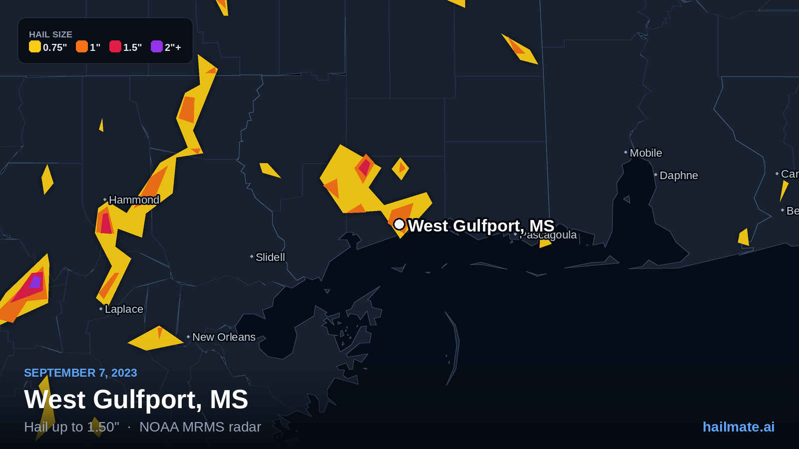 Hail swath map for West Gulfport, MS on September 7, 2023 showing 1.50 inch hail.