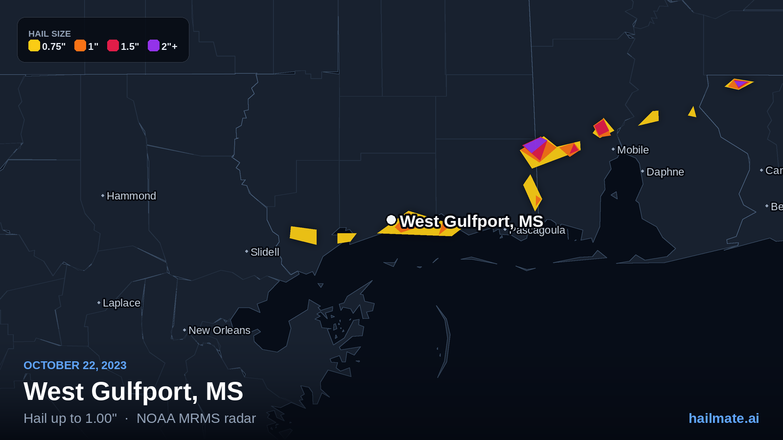 Hail swath map for West Gulfport, MS on October 22, 2023 showing 1.00 inch hail.