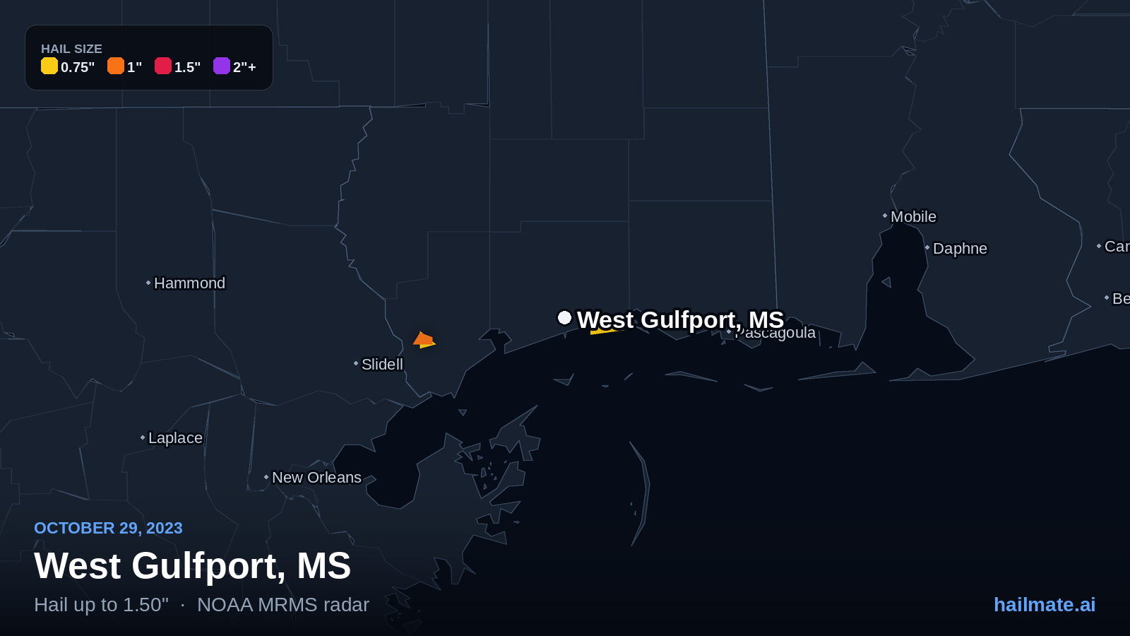 Hail swath map for West Gulfport, MS on October 29, 2023 showing 1.50 inch hail.