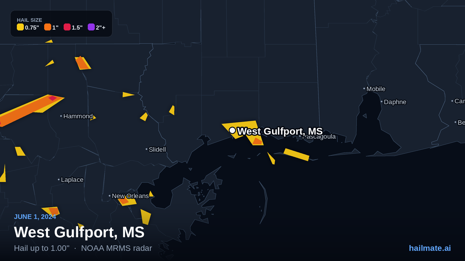 Hail swath map for West Gulfport, MS on June 1, 2024 showing 1.00 inch hail.