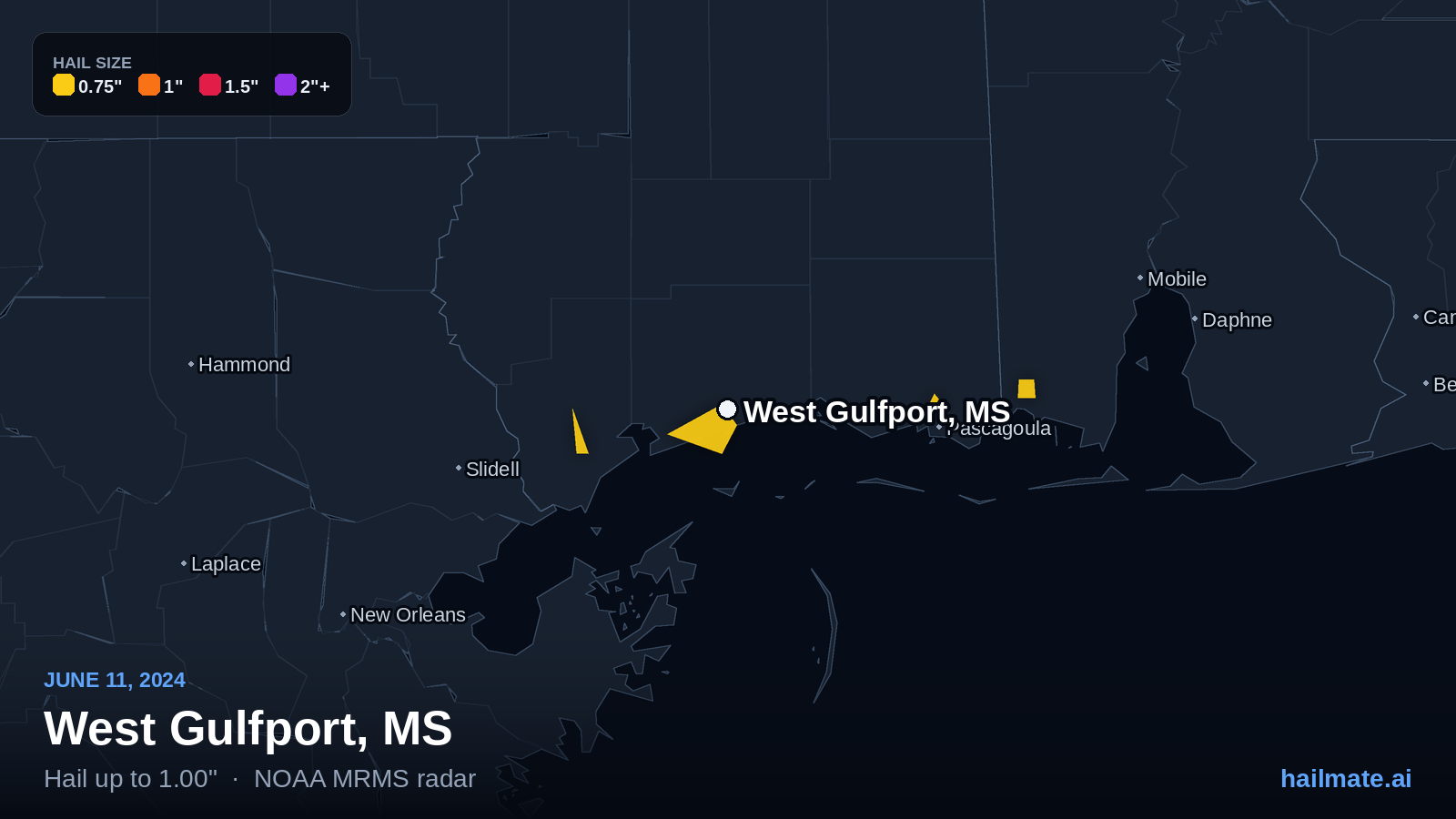 Hail swath map for West Gulfport, MS on June 11, 2024 showing 1.00 inch hail.