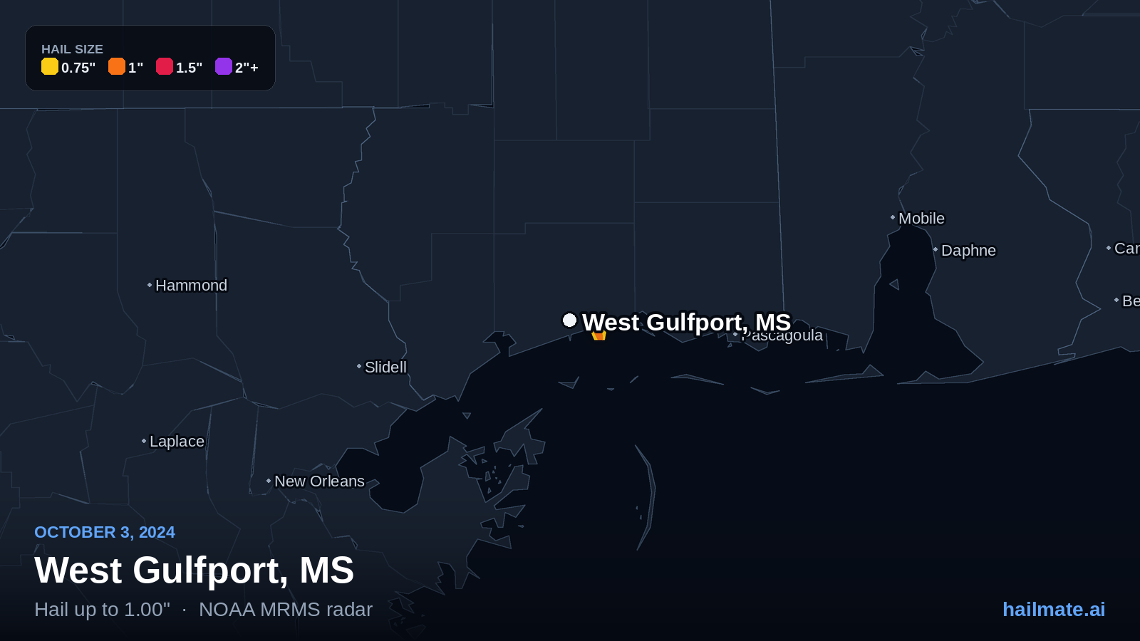 Hail swath map for West Gulfport, MS on October 3, 2024 showing 1.00 inch hail.