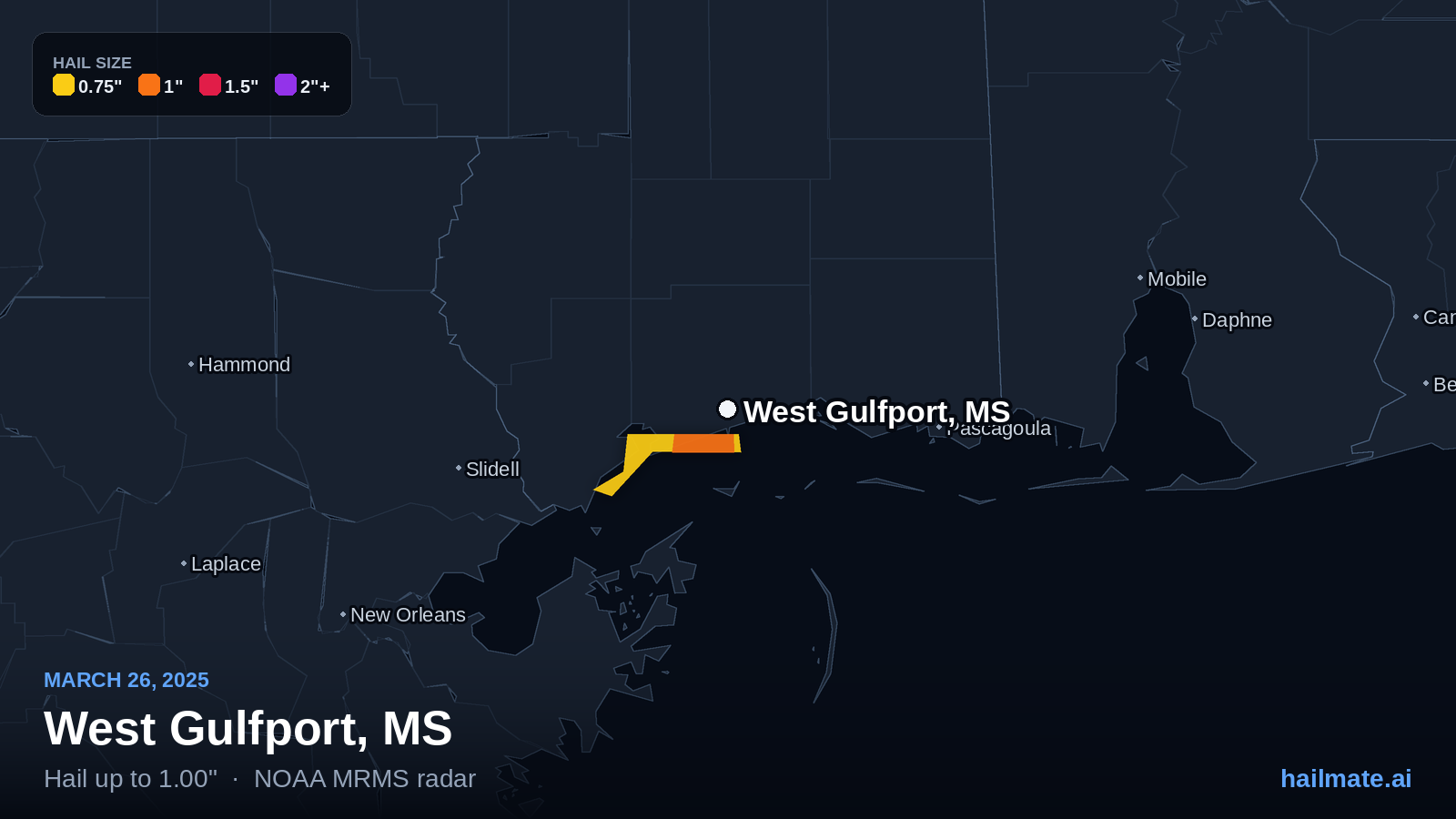 Hail swath map for West Gulfport, MS on March 26, 2025 showing 1.00 inch hail.