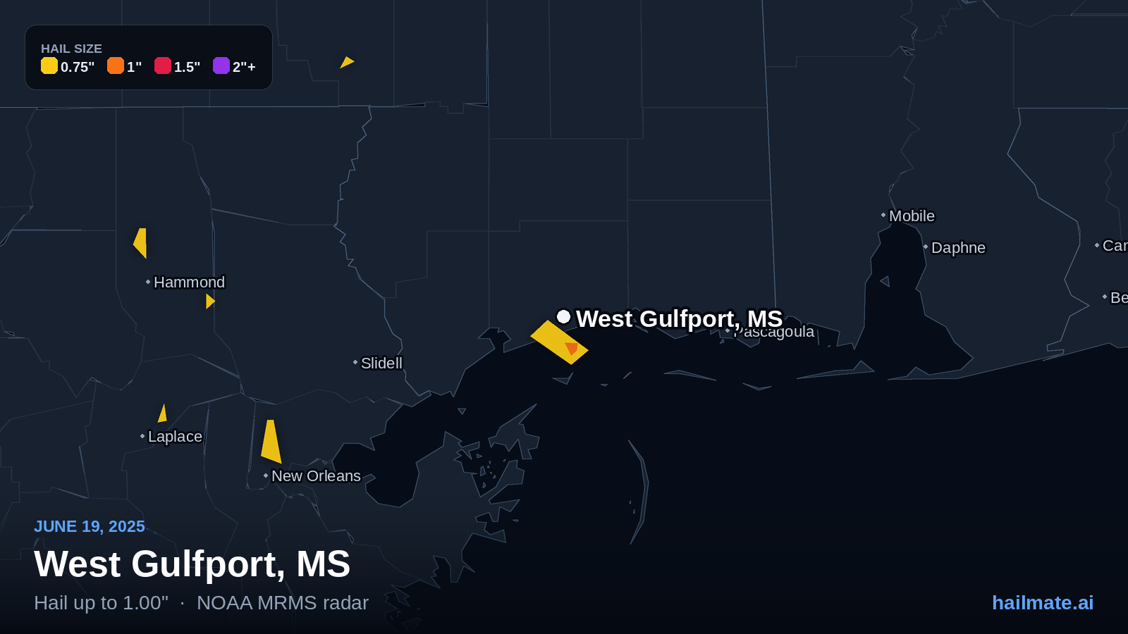 Hail swath map for West Gulfport, MS on June 19, 2025 showing 1.00 inch hail.