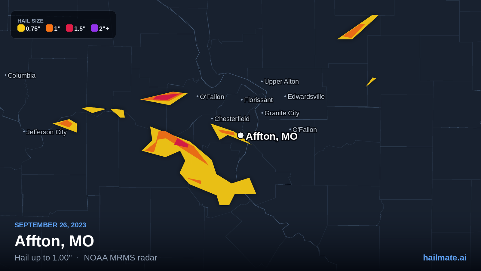 Hail swath map for Affton, MO on September 26, 2023 showing 1.00 inch hail.