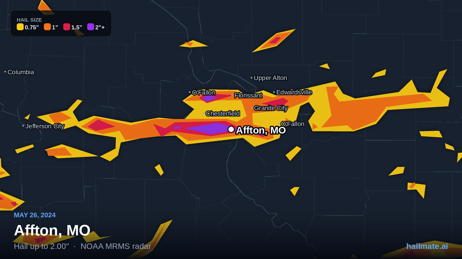 Hail swath map for Affton, MO on May 26, 2024 showing 2.00 inch hail.