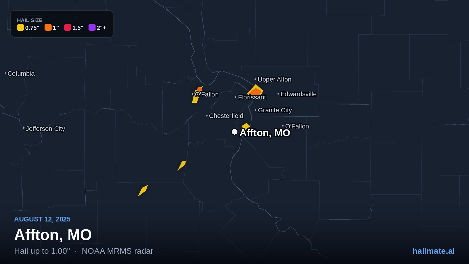 Hail swath map for Affton, MO on August 12, 2025 showing 1.00 inch hail.