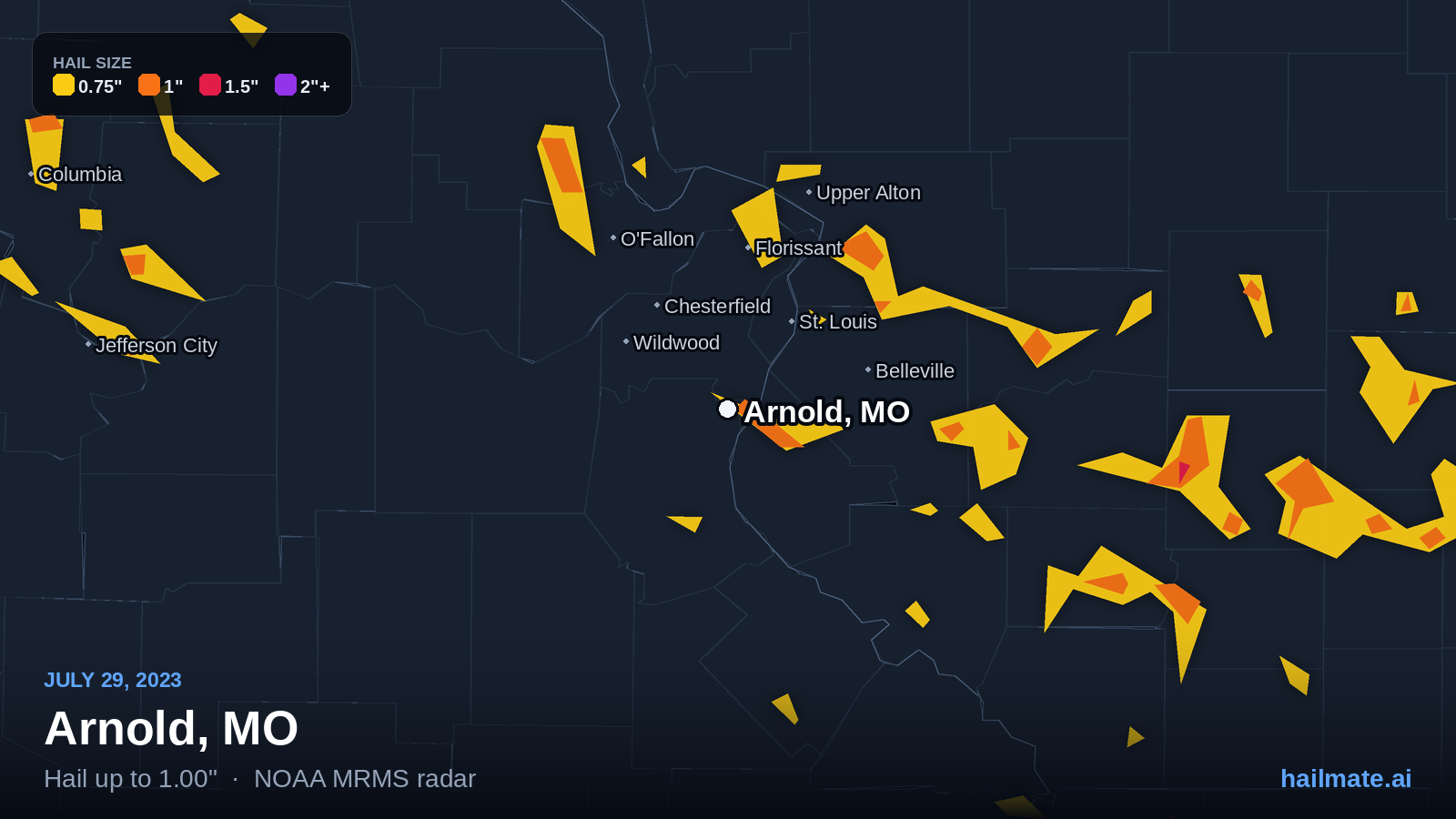 Hail swath map for Arnold, MO on July 29, 2023 showing 1.00 inch hail.