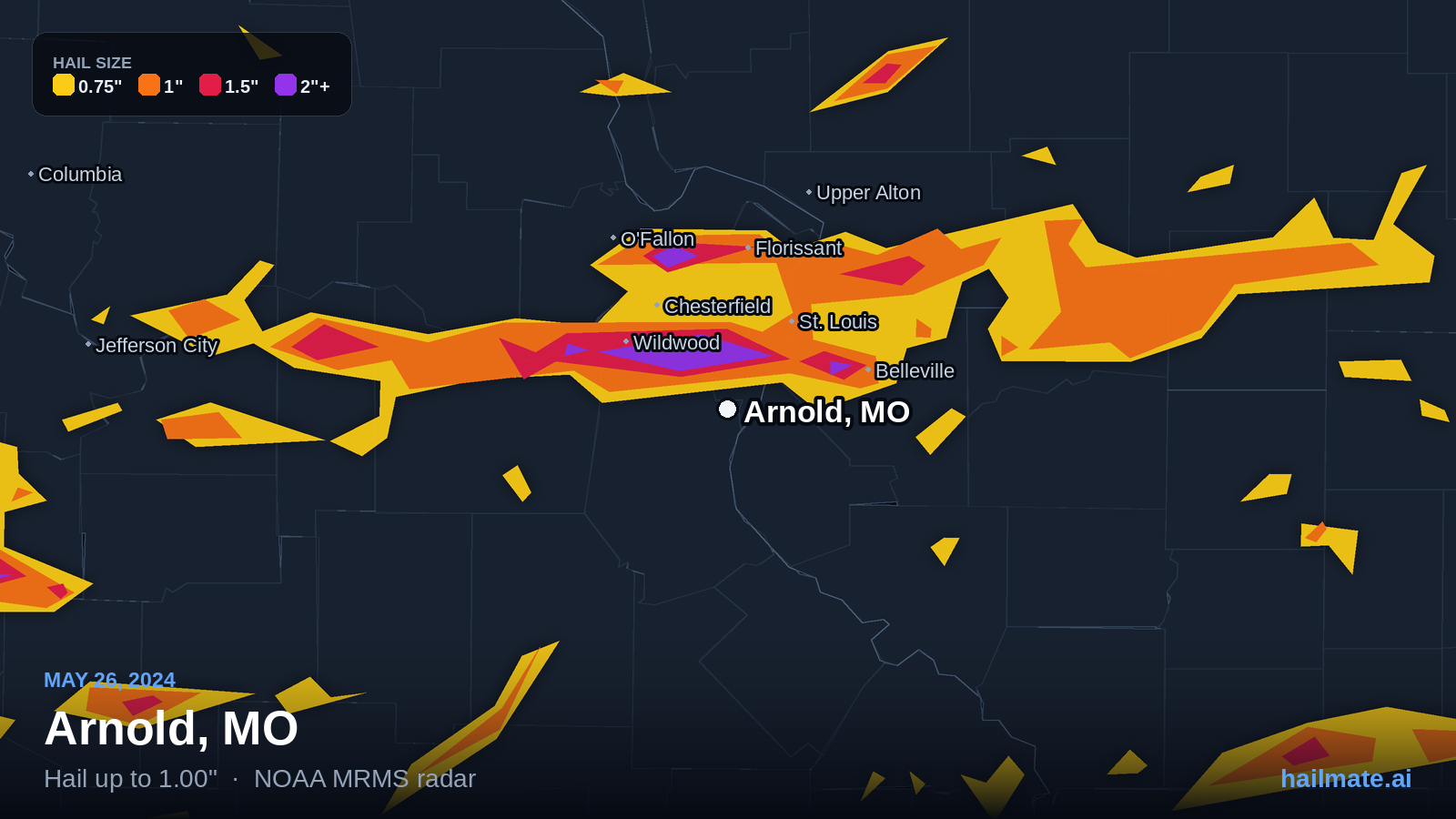 Hail swath map for Arnold, MO on May 26, 2024 showing 1.00 inch hail.
