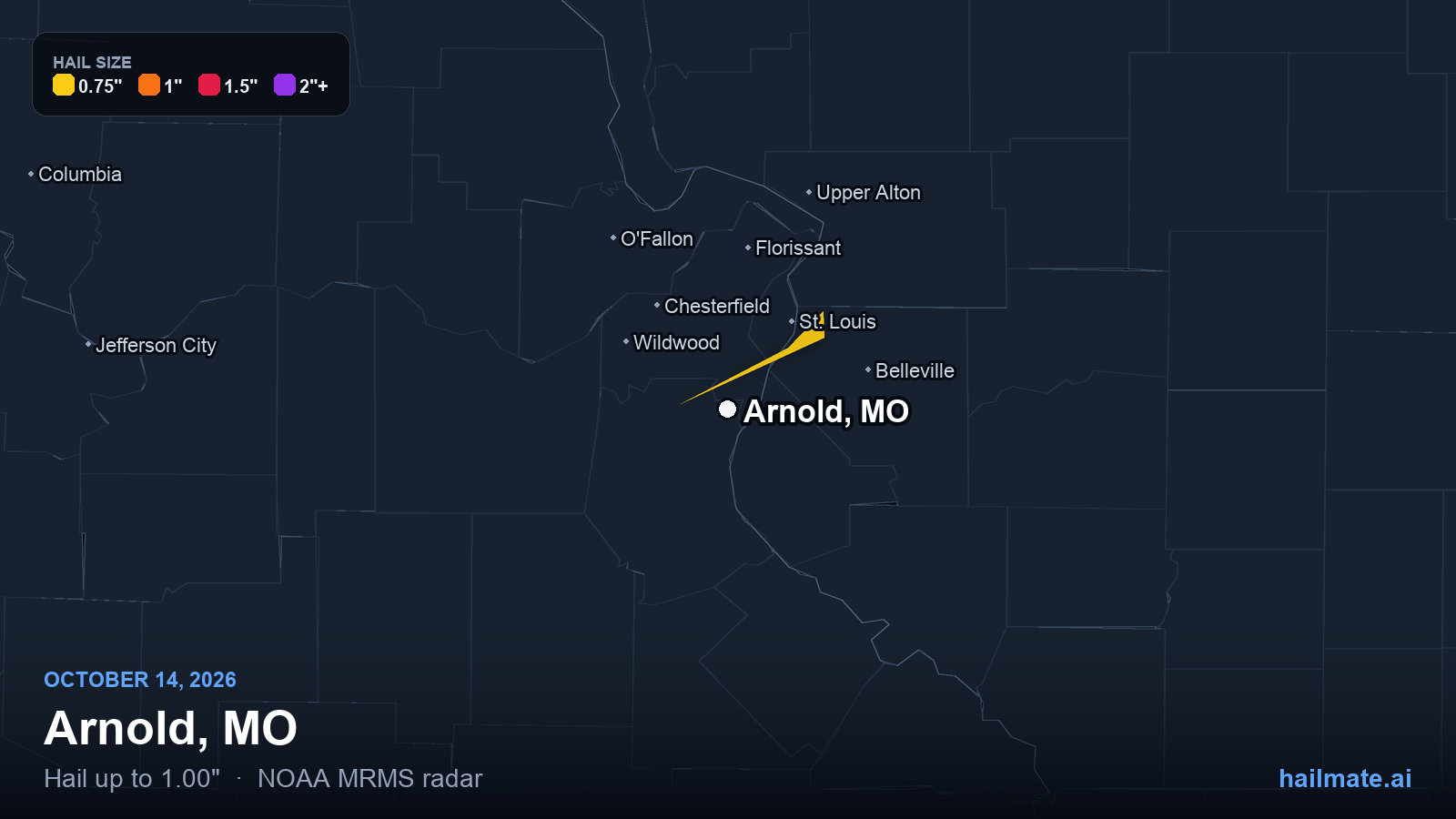 Hail swath map for Arnold, MO on October 14, 2026 showing 1.00 inch hail.
