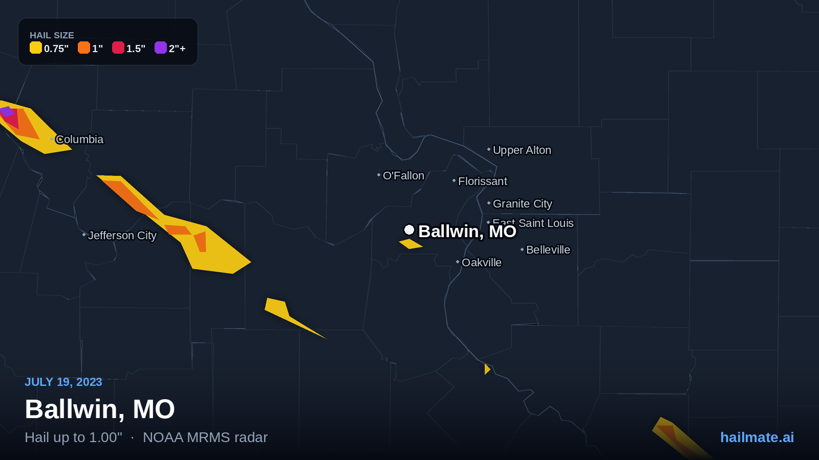 Hail swath map for Ballwin, MO on July 19, 2023 showing 1.00 inch hail.