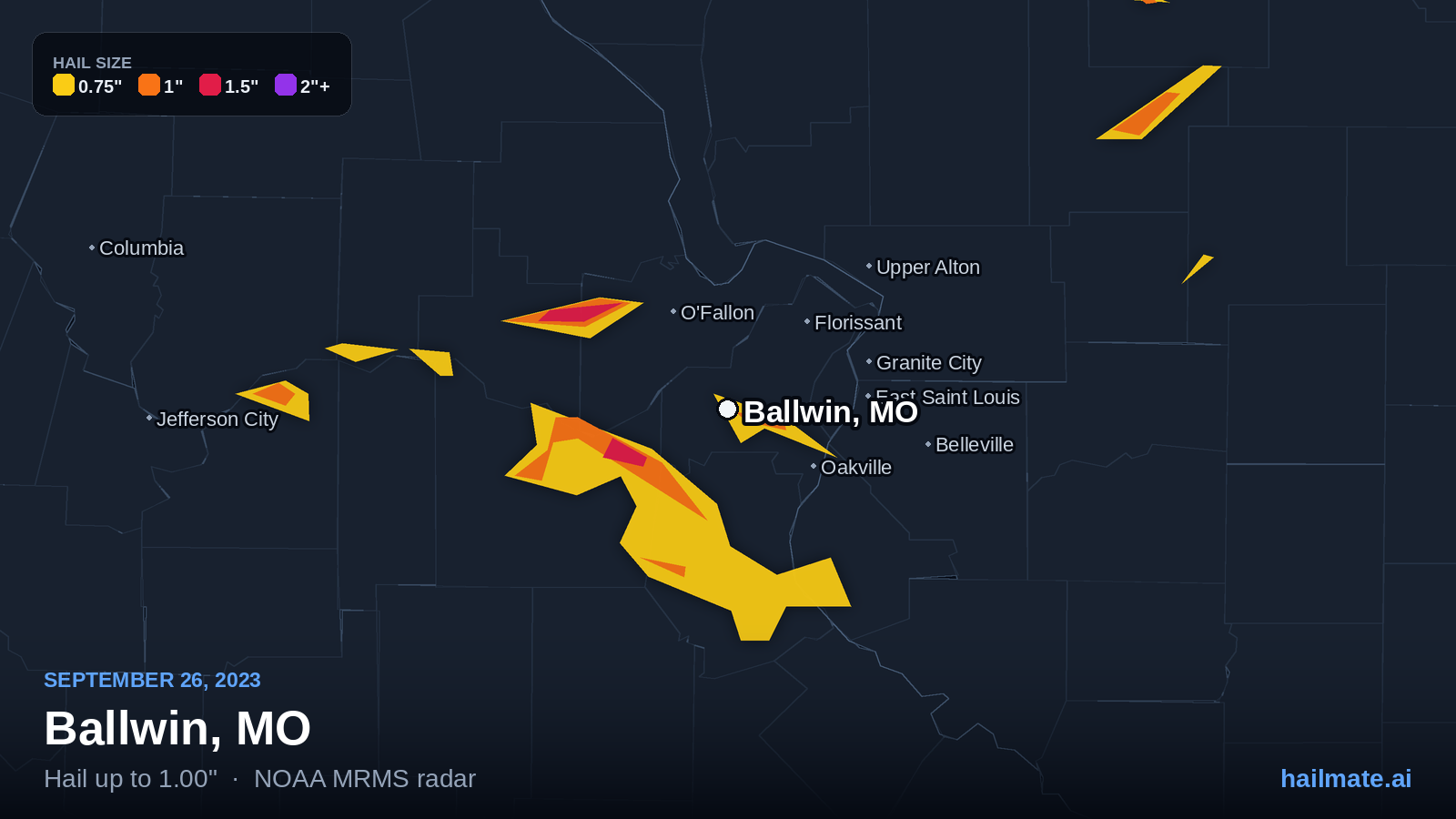 Hail swath map for Ballwin, MO on September 26, 2023 showing 1.00 inch hail.