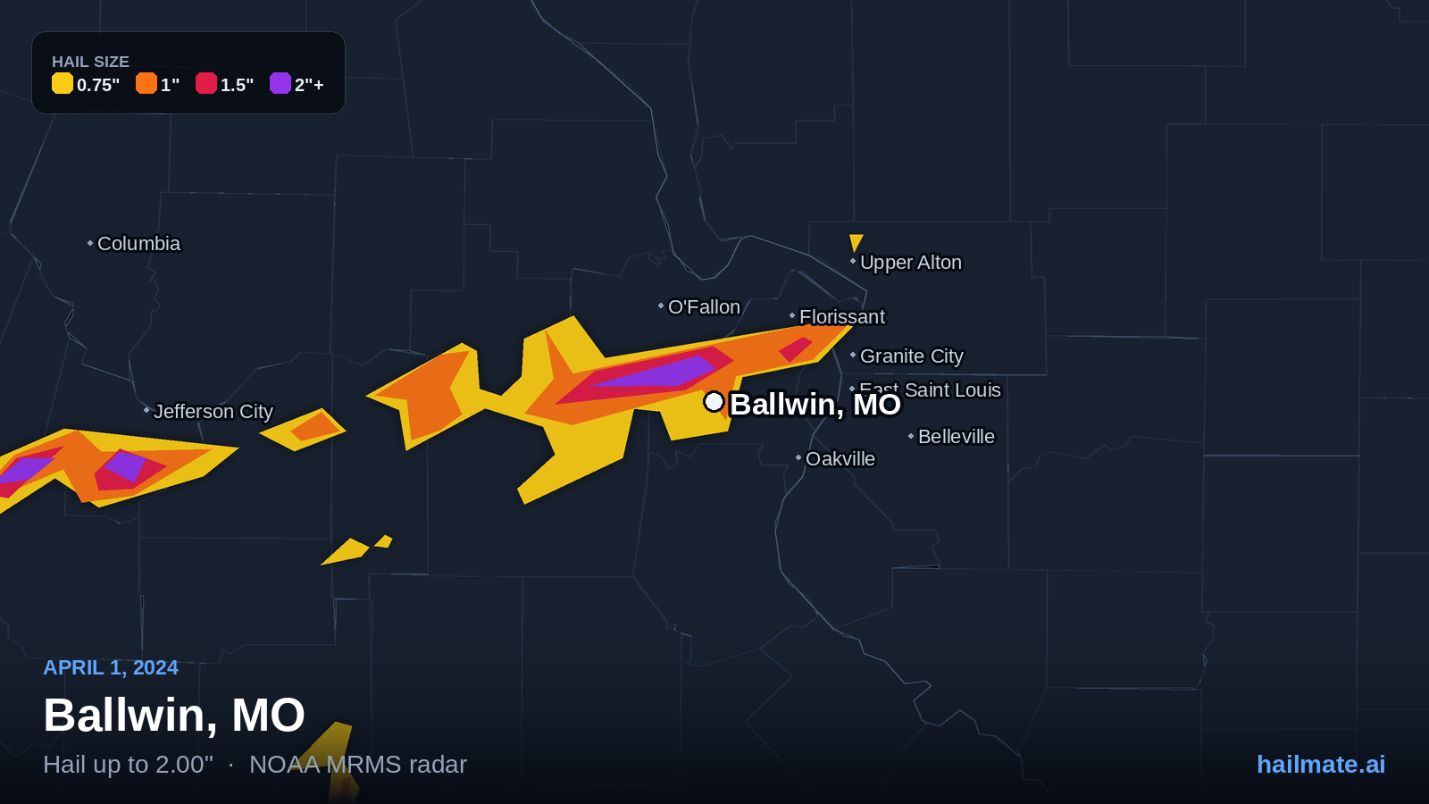 Hail swath map for Ballwin, MO on April 1, 2024 showing 2.00 inch hail.