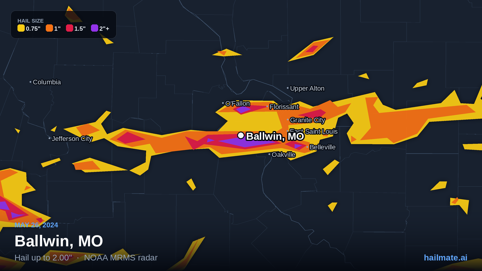 Hail swath map for Ballwin, MO on May 26, 2024 showing 2.00 inch hail.