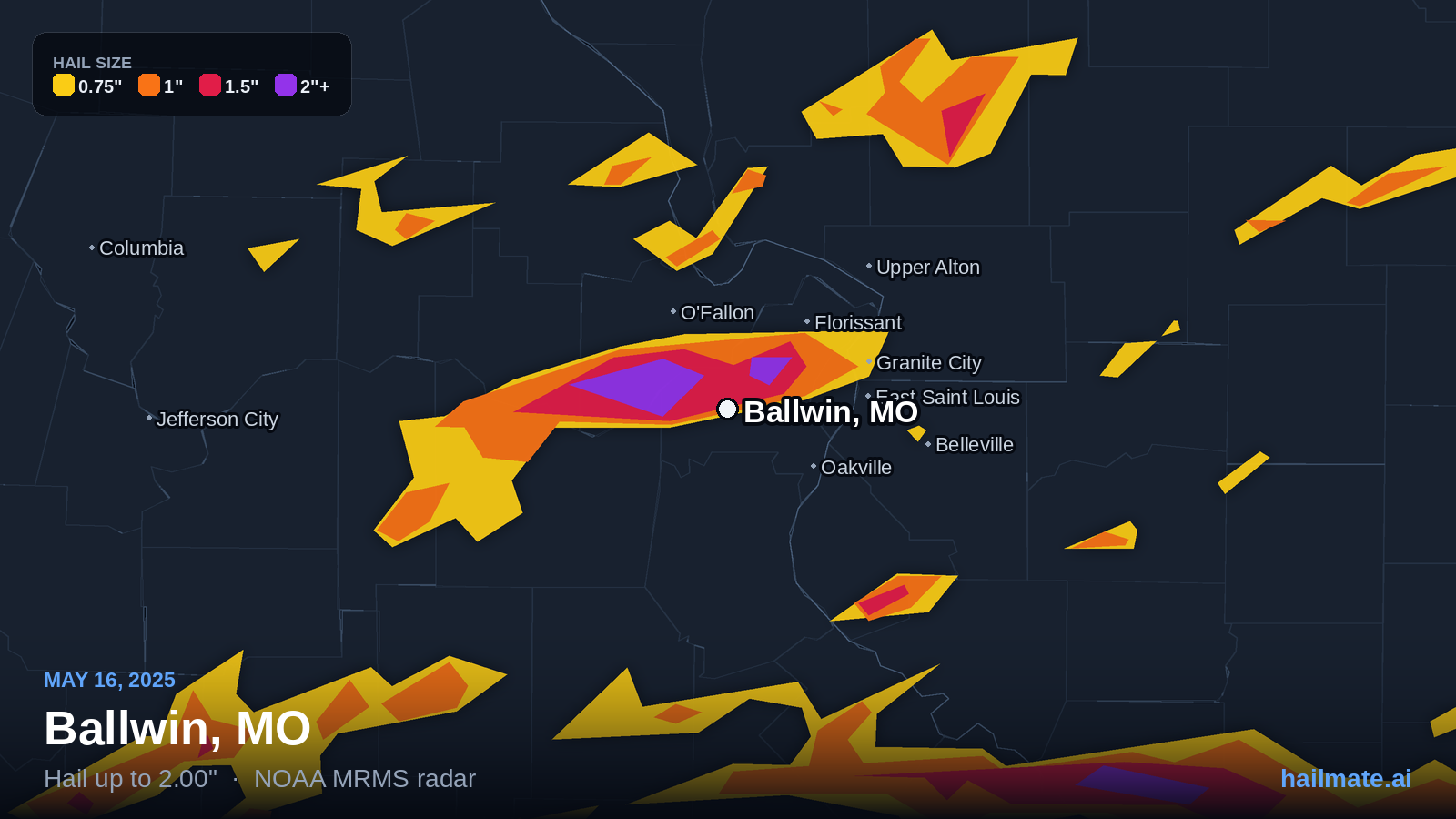 Hail swath map for Ballwin, MO on May 16, 2025 showing 2.00 inch hail.