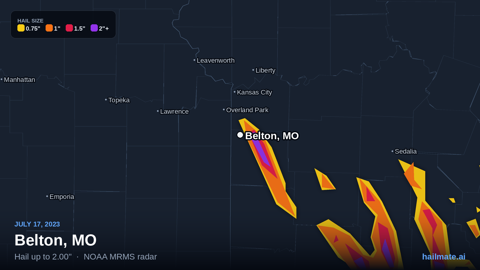 Hail swath map for Belton, MO on July 17, 2023 showing 2.00 inch hail.