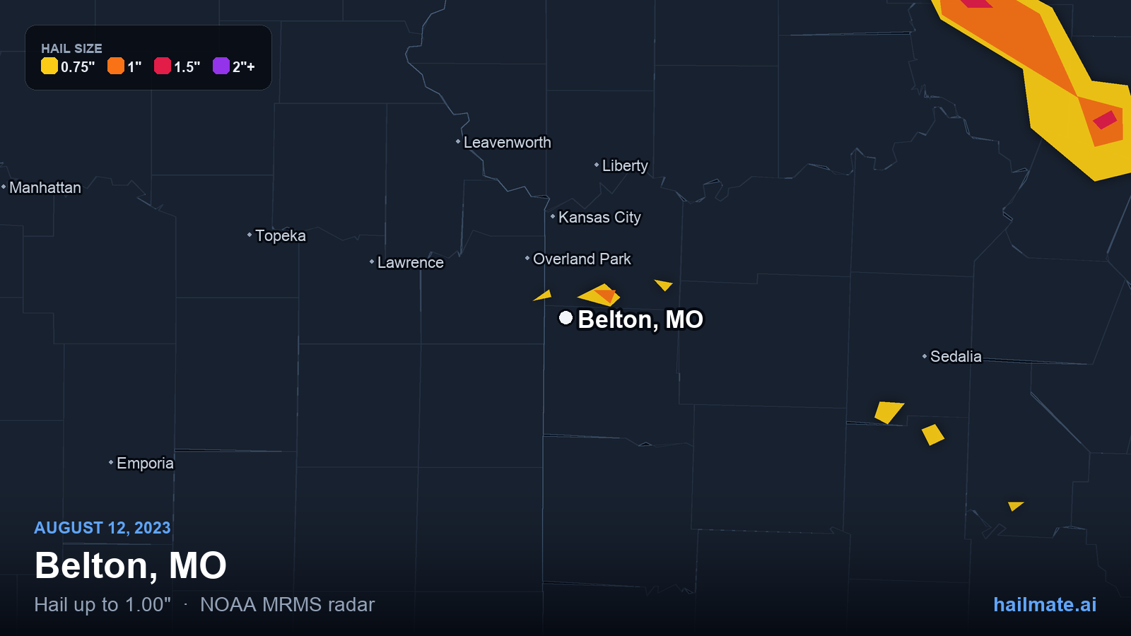 Hail swath map for Belton, MO on August 12, 2023 showing 1.00 inch hail.
