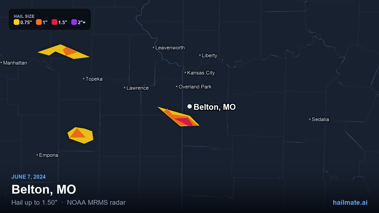 Hail swath map for Belton, MO on June 7, 2024 showing 1.50 inch hail.