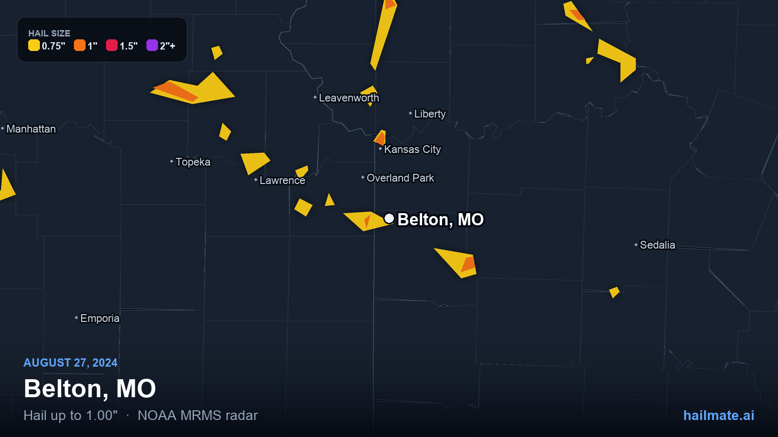 Hail swath map for Belton, MO on August 27, 2024 showing 1.00 inch hail.
