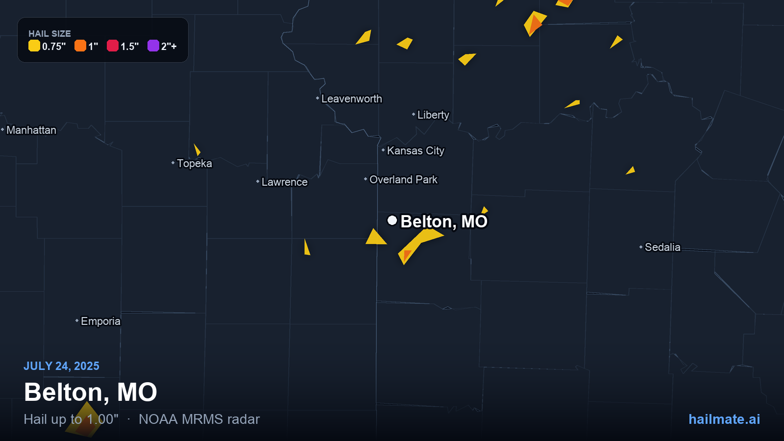 Hail swath map for Belton, MO on July 24, 2025 showing 1.00 inch hail.
