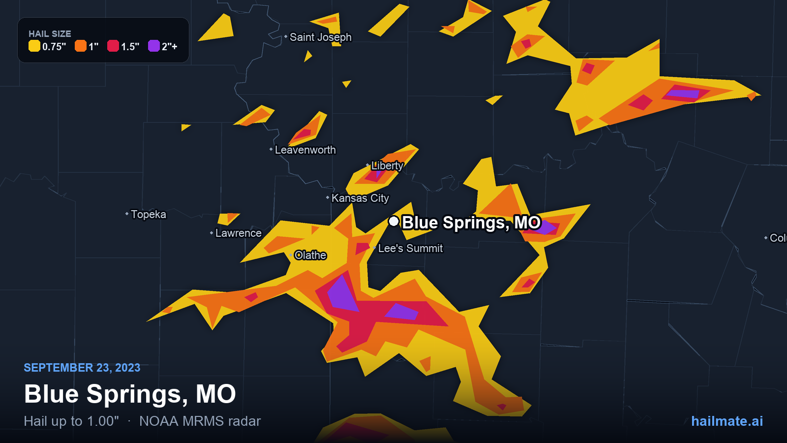 Hail swath map for Blue Springs, MO on September 23, 2023 showing 1.00 inch hail.