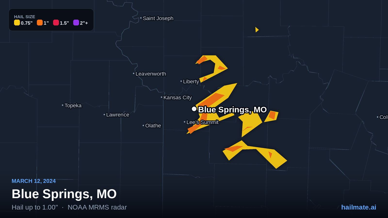 Hail swath map for Blue Springs, MO on March 12, 2024 showing 1.00 inch hail.