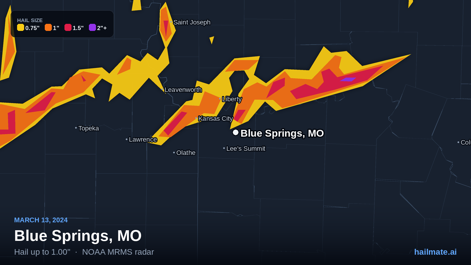 Hail swath map for Blue Springs, MO on March 13, 2024 showing 1.00 inch hail.