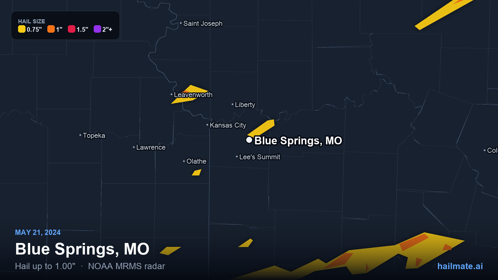 Hail swath map for Blue Springs, MO on May 21, 2024 showing 1.00 inch hail.
