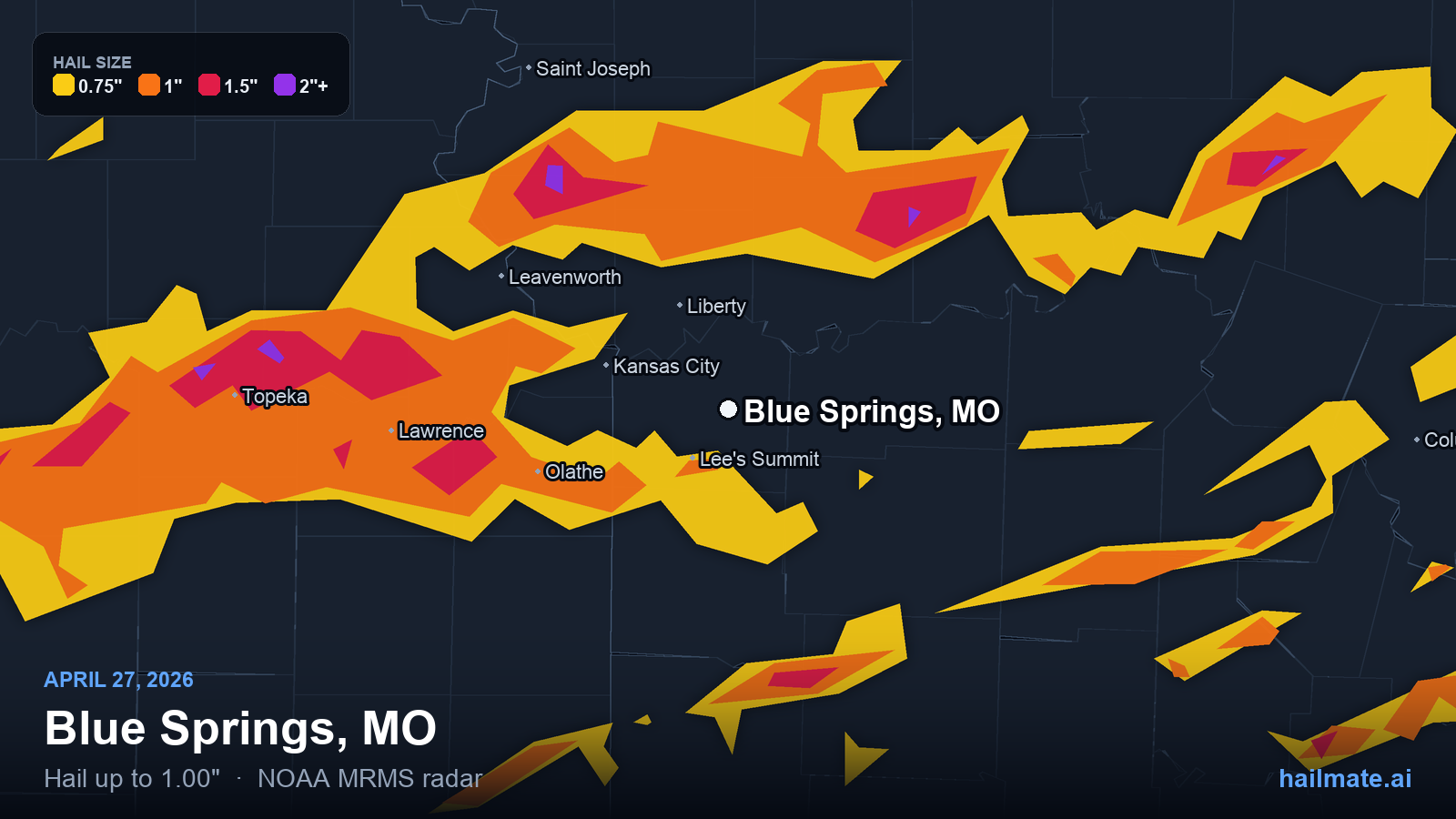 Hail swath map for Blue Springs, MO on April 27, 2026 showing 1.00 inch hail.