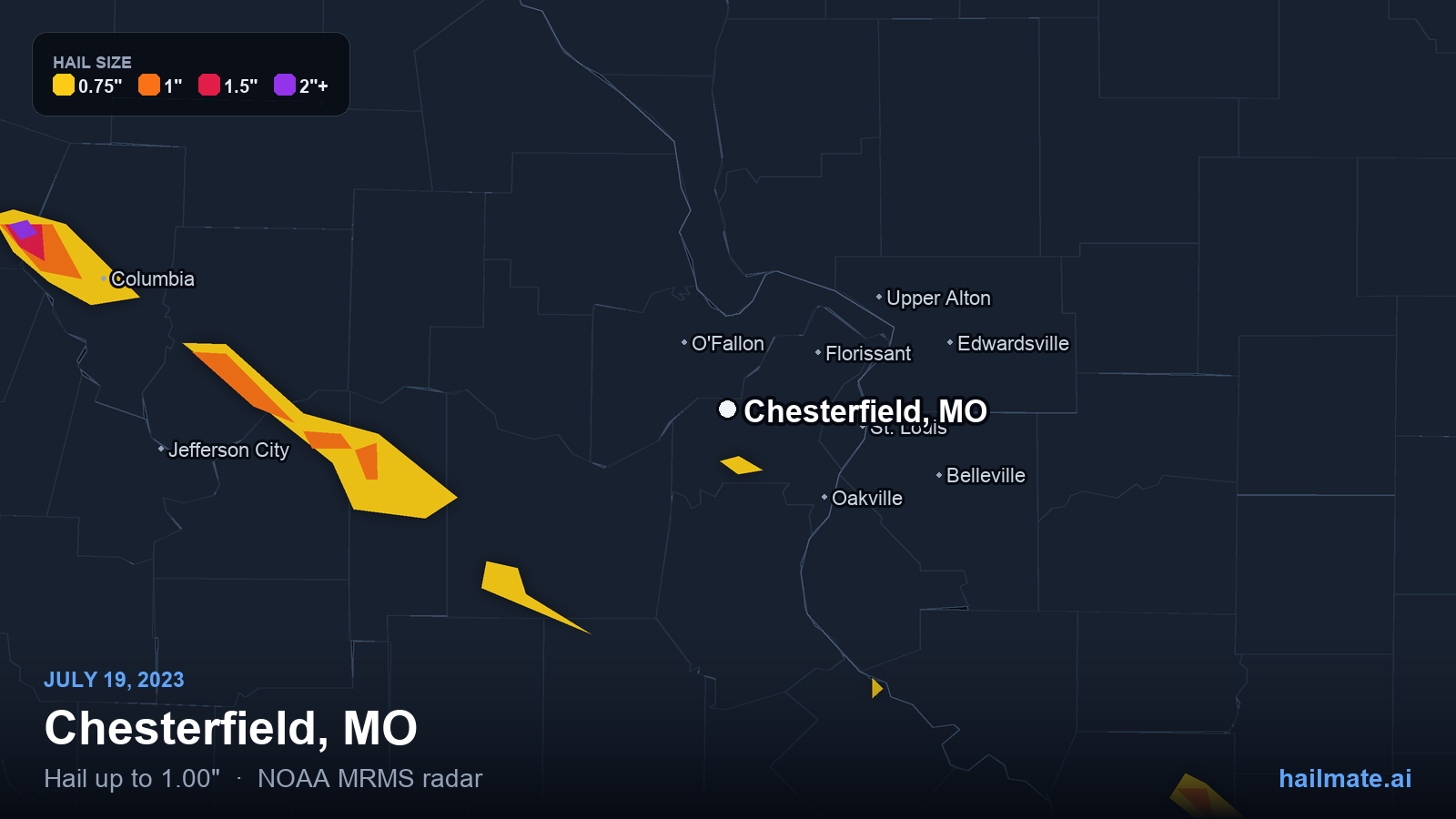 Hail swath map for Chesterfield, MO on July 19, 2023 showing 1.00 inch hail.
