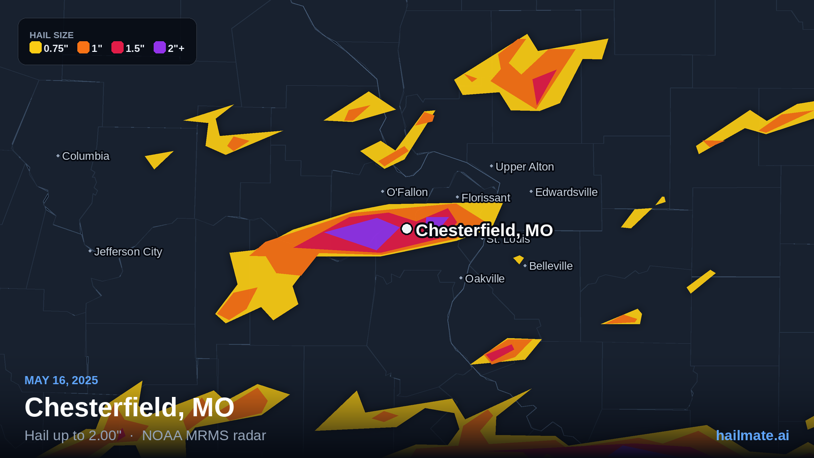 Hail swath map for Chesterfield, MO on May 16, 2025 showing 2.00 inch hail.