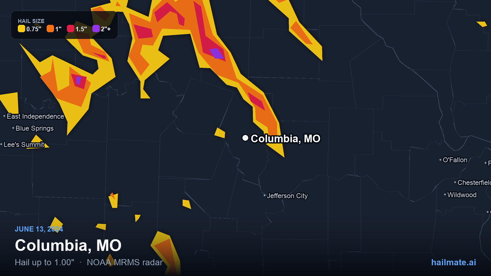 Hail swath map for Columbia, MO on June 13, 2024 showing 1.00 inch hail.