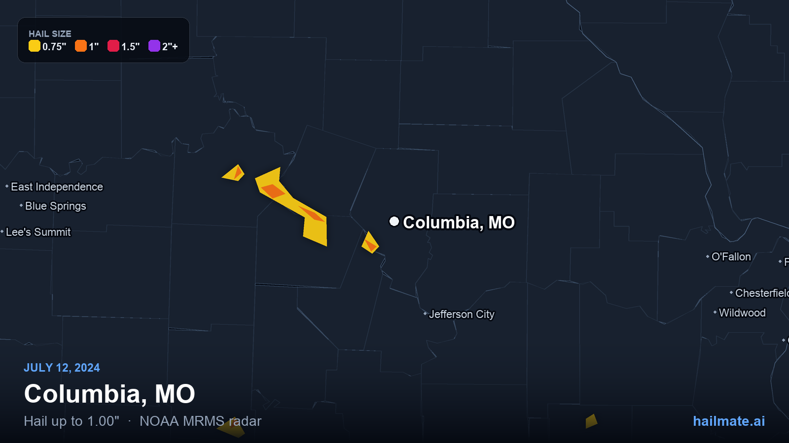 Hail swath map for Columbia, MO on July 12, 2024 showing 1.00 inch hail.
