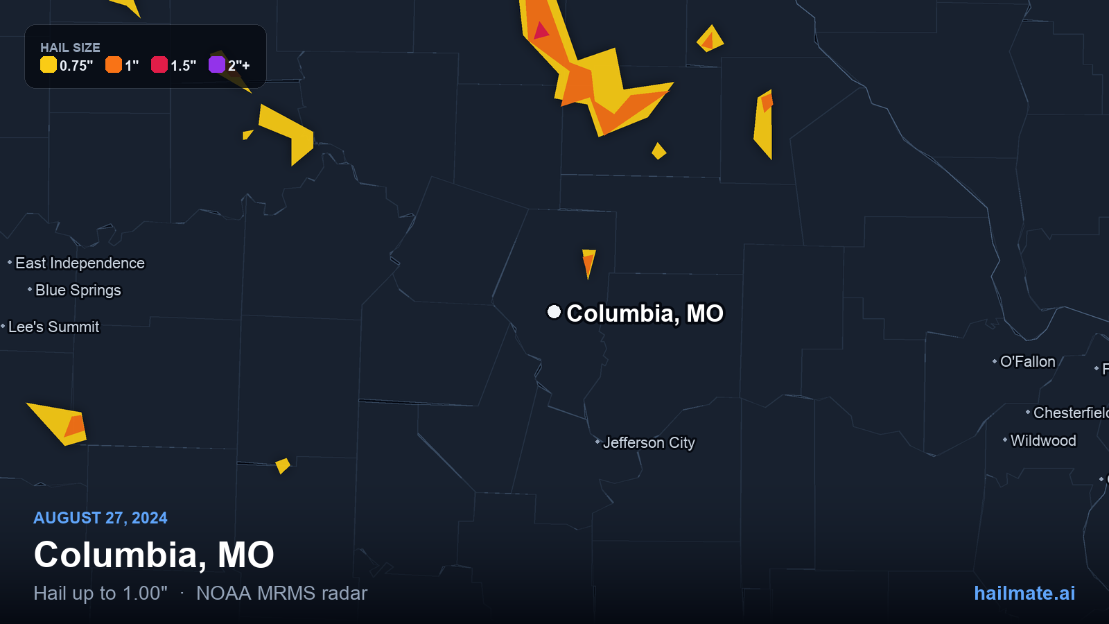Hail swath map for Columbia, MO on August 27, 2024 showing 1.00 inch hail.