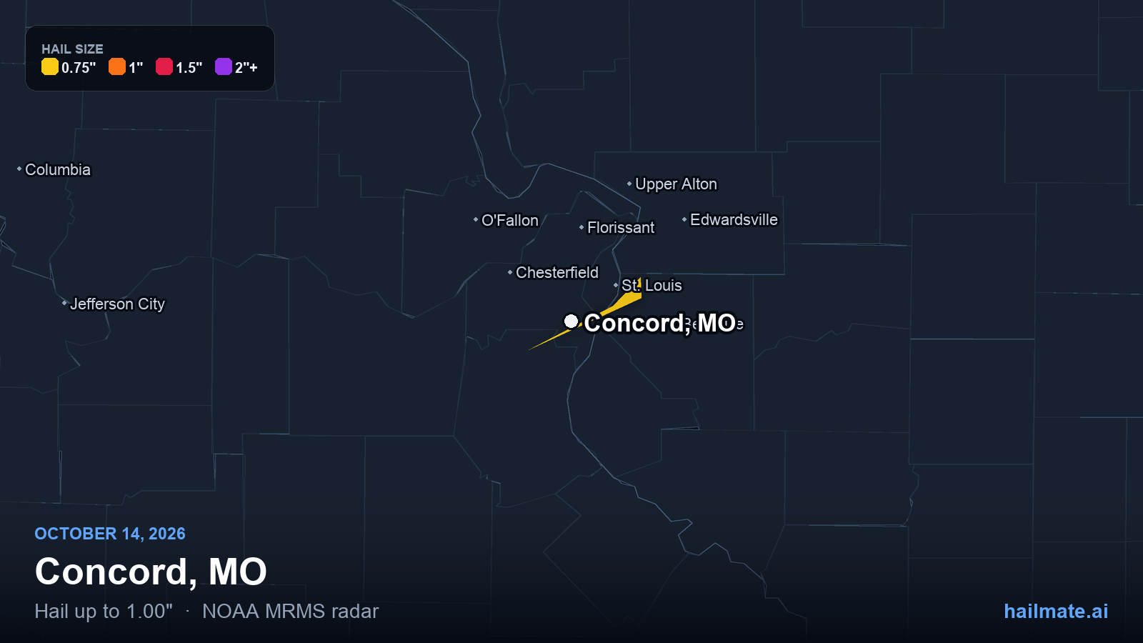 Hail swath map for Concord, MO on October 14, 2026 showing 1.00 inch hail.